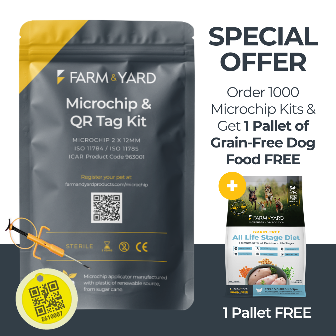 1000 Microchip + QR Kits plus FREE Pallet of Dry Dog Food (Grain-Free Chicken Recipe)